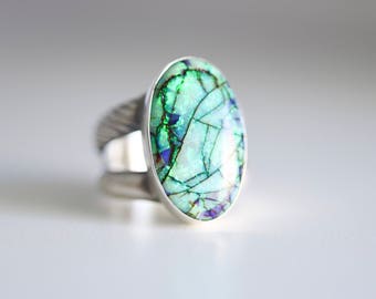 Monarch Opal ring. Sterling silver ring with Monarch Opal. Monarch Opal cabochon, Cultured Opal ring, blue opal ring, green opal ring.