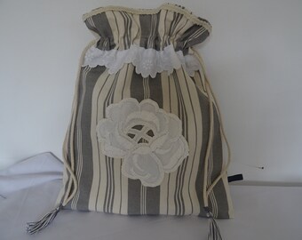 Little bag, vintage ticking old embroidery appliqué.