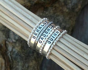 Stackable Name Rings Mothers Ring Personalized Build your own Set stacking ring set Hand stamped Gift CZ Diamond Ring Beaded Rope for Women