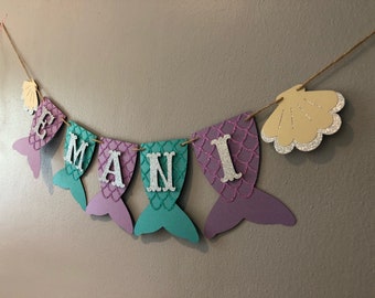 Mermaid Name Banner, baby shower, first birthday, under the sea, mermaid party, mermaid banner, Purple, teal, and silver