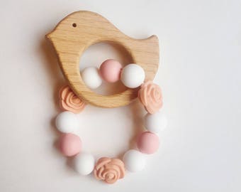 Bird Teether/Wooden Teether/Teething Ring/Silicone Teether/Rose Teether