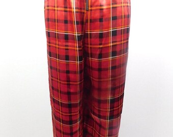 30% SUMMER SALE Vintage 1970s 70s Red Black Tartan Plaid Print Elastic Shiny Silky Sleep Classic Lightweight Pajama Pants Sz Medium