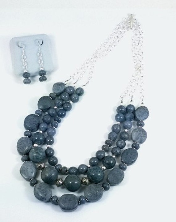 Blue Fossil Coral Necklace & Earrings