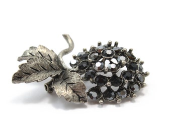 Antique Silver Pom Pom Flower Brooch with Swarovski Crystals