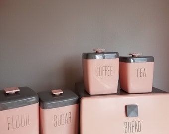 Nally Ware Vintage Pink & Gray kitchen canister set with breadbox