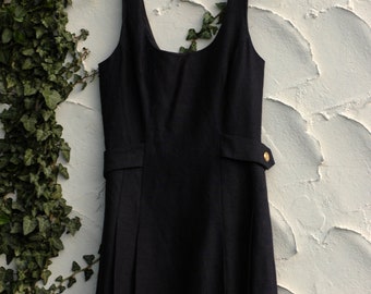 1990's Navy Pleated Mini Dress Small Nautical Theme Linen 34 Kamisoto