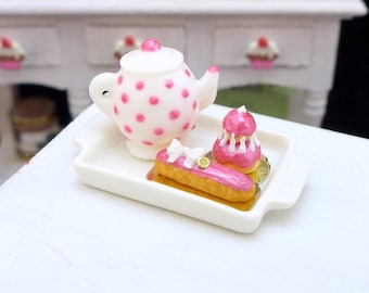 MTO-Tea Tray Set with French Pastries - Raspberry Pink - 12th Scale Miniature Food