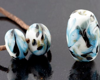 White and Blue Marble Focal and Pairs Handmade Lampwork Glass Beads (3 Count) by Pink Beach Studios (2011)
