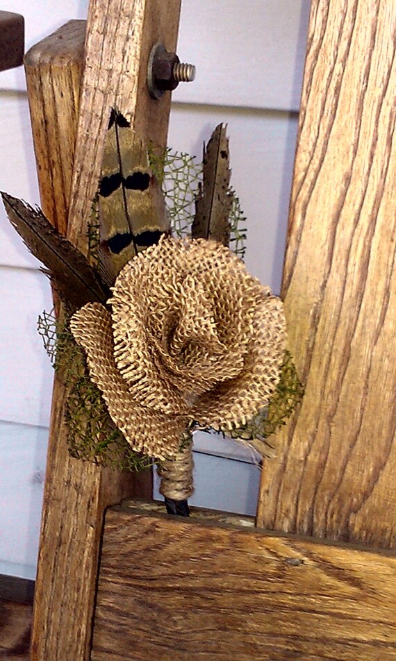 Burlap Rose and Pheasant Feather Boutonniere