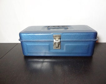 Vintage Rustic/Industrial Blue Metal Tool Box for Tackle, Tools, Sewing, or Garden, Storage or Organization