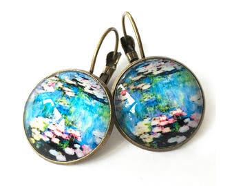 Monet's Water Lilies Antique Brass Dangle Earrings