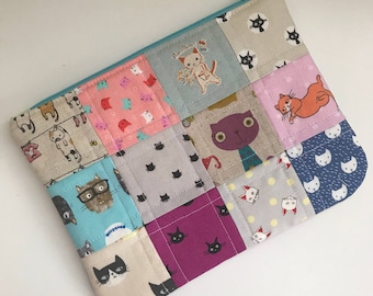 Patchwork Cat Zipper Bag, Cat Zipper Pouch Wallet, Cat Zipper Wallet, Cat Purse,