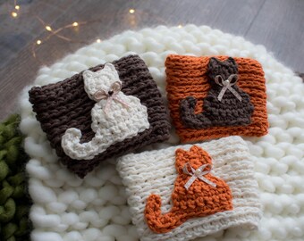 Cat Coffee Mug Sleeve, Kitty Coffee Cup Sleeves, Cat Travel Mug Cozy, Fall Coffee Cozy, Tea Mug Cozy, Crochet Mug Cozy, Travel Mug Sleeve