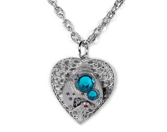 Steampunk Jewelry Necklace Vintage Watch Silver Filigree HEART Turquoise Crystals Anniversary, Girlfriend Holiday Gift - Steampunk Boutique