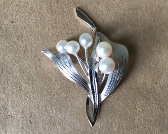 Silver Tone Floral Pearl Brooch Midcentury Costume Pin Lilly of the Valley