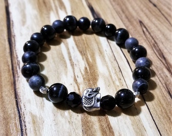 Black Onyx with Gray Stone and Elephant charm Bead Bracelet