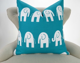 Elephant Pillow, Turquoise and White big Pillow, Euro Sham, Kids Zoo Decor, Teal, Aqua & White -up to 28x28 inch- Ele by Premier Prints
