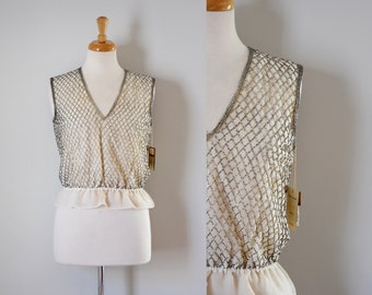 60s Top/60s Beaded Top/Vintage 60s Top/Vintage Blouse/Mad Men/Beaded Top/Formal Top/Evening Blouse/Trophy Top/Victoria Royal/Beige/Small/NOS