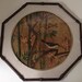 Vintage signed original Asian bird painting on pressed leaves in wood octagonal bamboo style frame