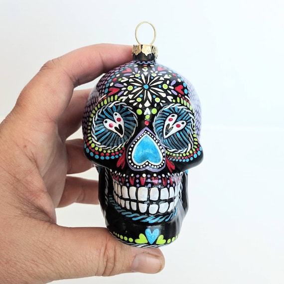 Skull ornament hand painted glass skull ornament sugar skull colorful skull art