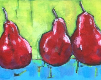 Oil painting, still life, three pears, ‘Odd one out’