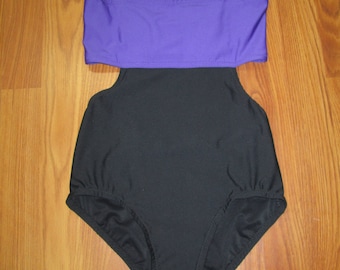Ready to ship black and ultraviolet leotard with elastic grid back, adult small