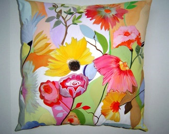 Summer Breezes Pillow - Hand Painted Original Art 16 x 16 Lovely Soft Pastels Colorful Flowers Summer Home Charming Cottage Decor