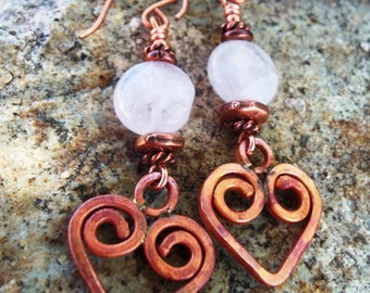 Copper Heart Earrings - Rose Quartz - Rustic Earrings - Cowgirl Jewelry - Gemstone - Valentines Day Gift - Earrings by Heart of a Cowgirl