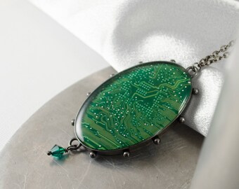 Circuit Board Necklace Green, Recycled Computer Circuit Board Jewelry, Oval Statement Necklace, Wearable Technology, Motherboard Necklace