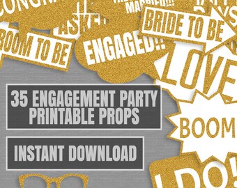 35 Gold Glitter Engagement Party Game Printable Props, Engagement Party Photo Booth Props, Engagement party, diy photobooth selfie station