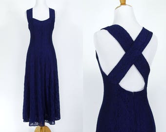 Vintage 1990s Dress | 90s Blue Lace Dress with Strappy Cross Back | Medium M