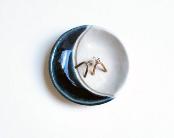Blue Moon Dish, Ring Dish, Ceramic, Pottery, Handmade - Jewelry Dish, Stud Holder, Tea Bag Rest, Crescent Moon Decor, Gifts for Moon Lovers