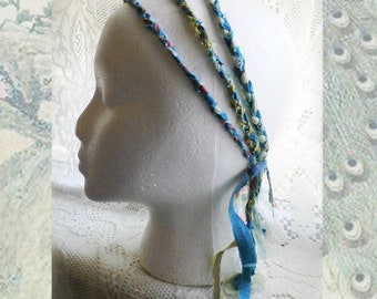 3 Strand Braided Boho Headband, Peacock Blues and Greens, Upcycled Fabrics