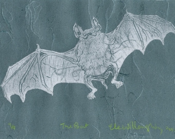 The Bat Linocut - Lino Block Print Illustration of a Bat in Silver on Blue