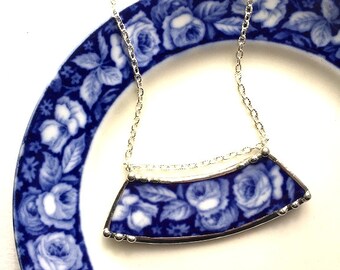 Broken china jewelry necklace - antique English flow blue roses china made from a broken plate - Dishfunctional Designs broken china jewelry