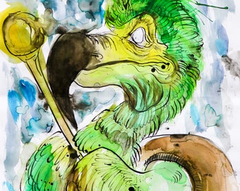 A3 DODO BIRD Alice In Wonderland ORIGINAL artwork Indian Ink and Watercolour