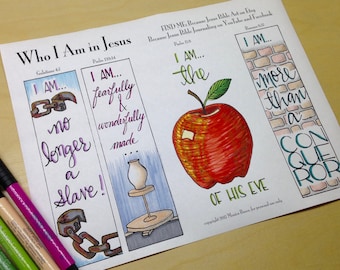 Who I Am in Jesus Bible Journaling Margin Art & Tip-in, Printable and Traceable Templates, Hand Lettering, set of 4, 1 page