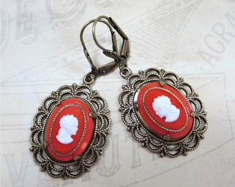 Cameo Earrings Victorian Earrings Red White Cameo Jewelry Downton Abbey Earrings Jewelry Gift