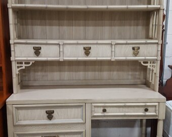 Hollywood Regency Boho Chic Dixie Shangri-La Faux Bamboo Writing Desk With Hutch Chinoiserie Fretwork