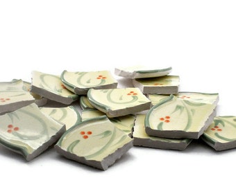 Broken China Mosaic Tiles - Large - Light Green Swirls - Scalloped Edge - Set of 16