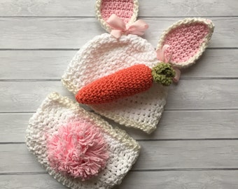 Bunny hat, baby bunny hat, Easter bunny hat, newborn bunny hat, white bunny hat, Easter hat, bunny ears, baby girl hat, bunny diaper cover