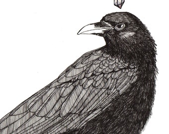 crow thoughts: sparkle ORIGINAL illustration black and metallic ink on paper 6 x 6