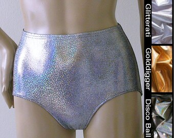 Vintage Inspired Retro High Waisted Bikini Bottom in Gold, Silver, and Disco Ball Glitter Hologram