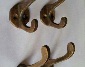 4 Antique Vintage Solid Brass Coat, Hat, Towel Double Hooks with 6 sided backplate 2 1/4" long #C3