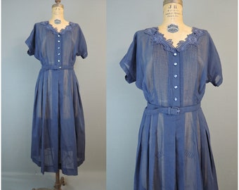Vintage XL 44 bust Day Dress 1950s, Sheer Blue Volupt Cotton Voile Shirtwaist