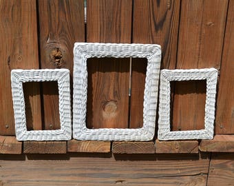 Vintage White Wicker Picture Frame Set of 3 Rustic Cottage Decor Wedding PanchosPorch