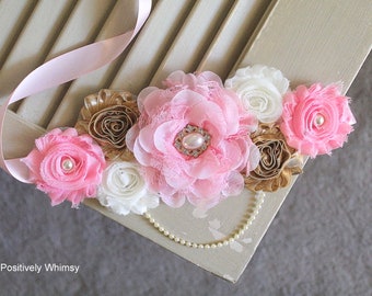 Pink Gold Maternity Sash, Girl Maternity Sash, Pink Maternity Sash, Maternity Belt, Pregnancy Sash, Flower Sash, RTS, Pink Gold Ivory