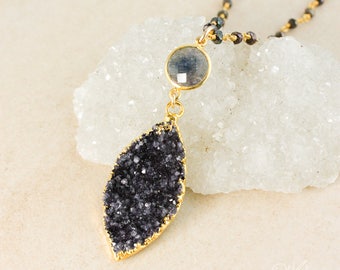 50% OFF SALE - Gold Blue Iolite & Black Druzy Leaf Necklace - Black Pyrite Chain