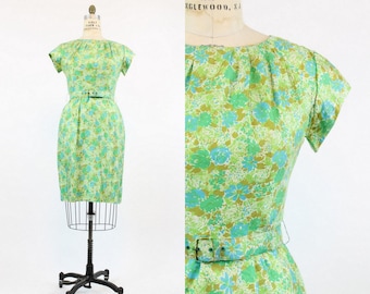 50s Wiggle Dress Large / 1950s Vintage Floral Silk Dress / Fleurs Bleues Dress