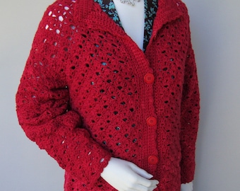 Crochet Cardigan, Red Cardigan, Merino Cardigan, Crocheted Cardigan, Cardigan Women, Women's Cardigan Sweaters, Available in S